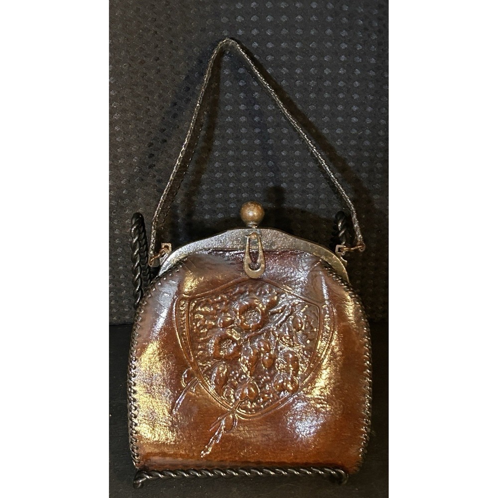 Antique JEMCO Art Nouveau Hand Tooled Leather Floral 1920s Purse Turnloc Clasp